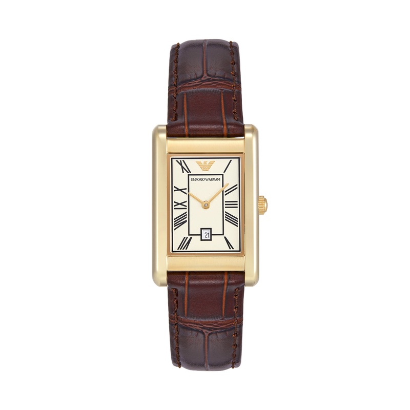 Emporio Armani Two-Hand White Dial Brown Leather Strap Watch AR11665