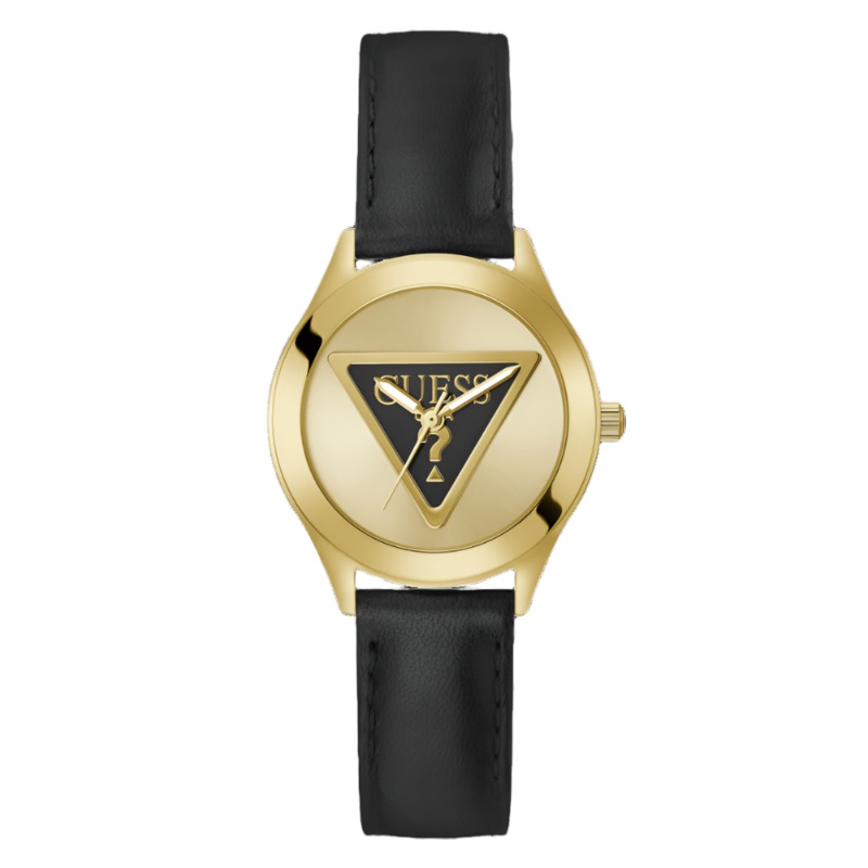 Guess Tri Plaque Gold Black Leather Strap Watch GW0744L2