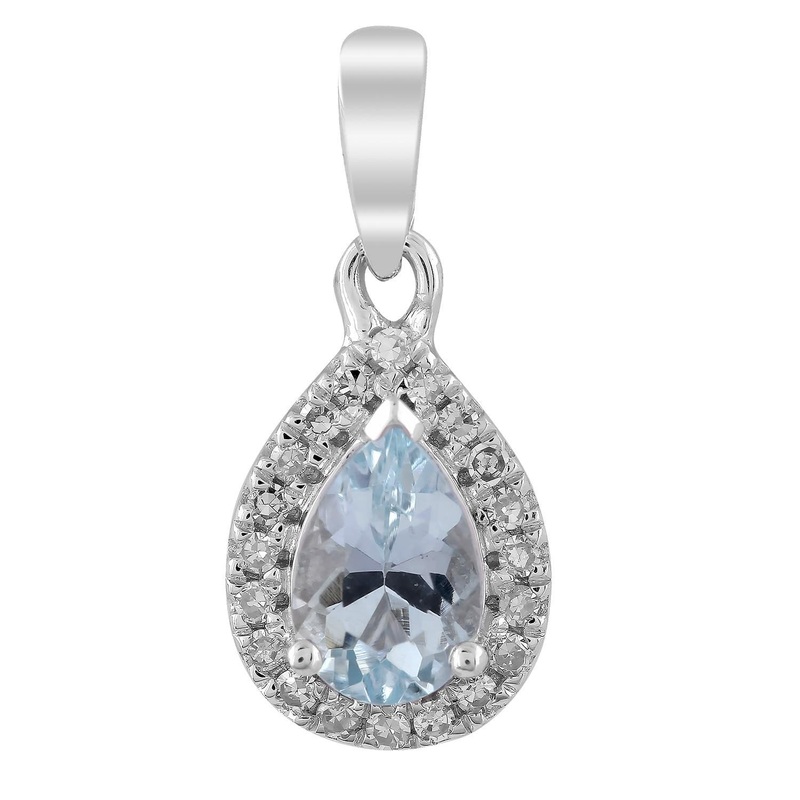 Aquamarine Pendant With 0.07Ct Diamonds In 9Ct White Gold