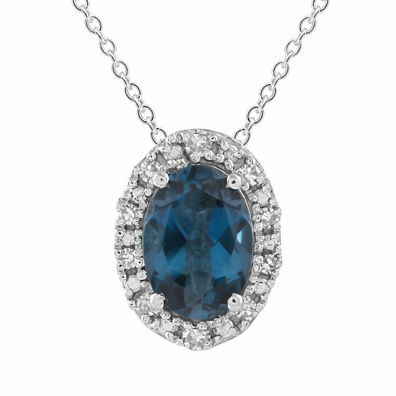 London Blue Topaz Necklace With 0.05ct Diamonds In 9K White Gold