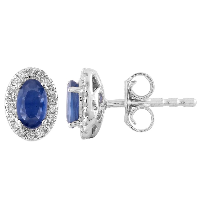 Sapphire Stud Earrings with 0.1ct Diamonds in 9K White Gold