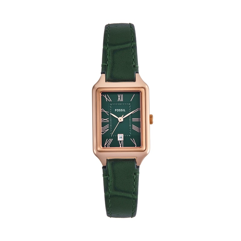 Fossil Raquel Three-Hand Rose Gold Case Green Dial and Leather Band Watch ES5366