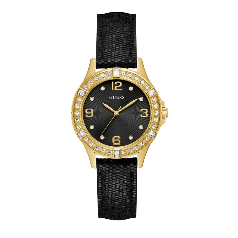 Guess Black Dial and Leather Strap Gold Case Watch U1353L1M