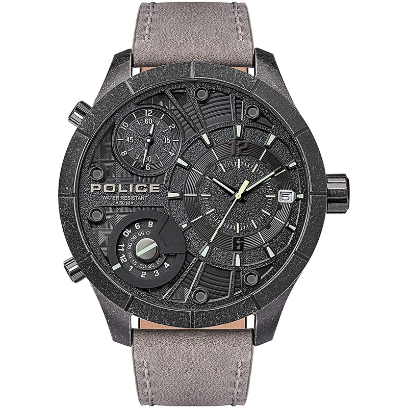 Police Bushmaster Black Dial Grey Leather Strap Watch PL.15662XSQS/02