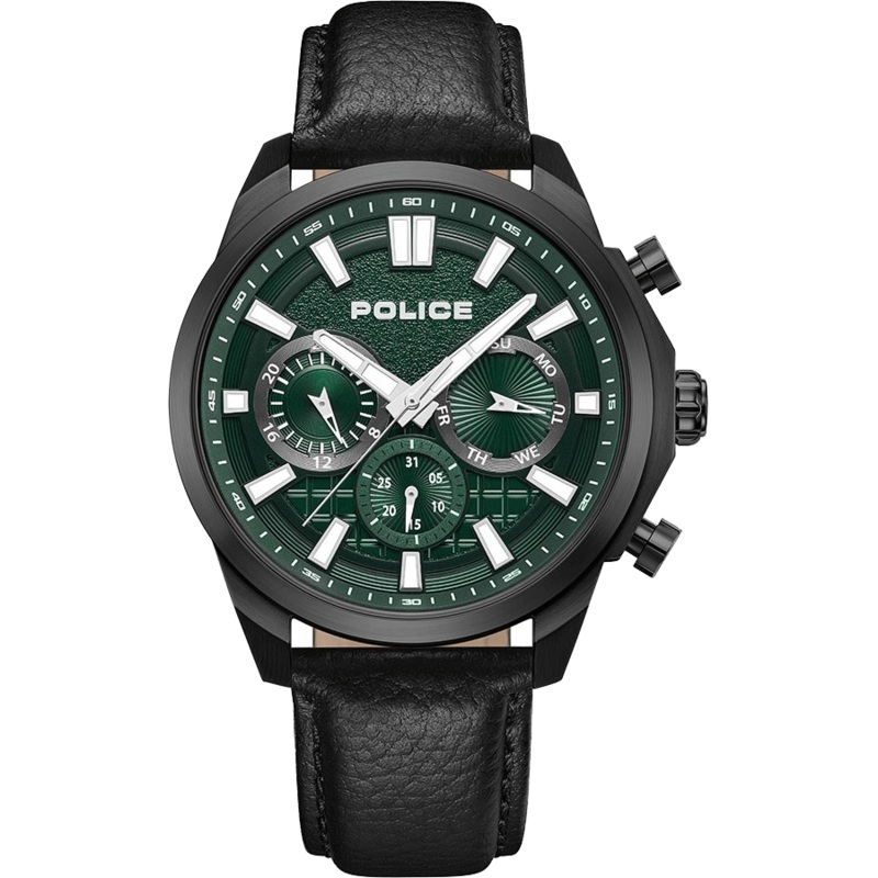 Police Chronograph Green Dial Black Leather Band Rangy Men's Watch PEWGF0021007