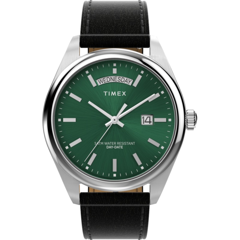 Timex Legacy Quartz Green Dial Day-Date Leather Band Watch TW2W57300