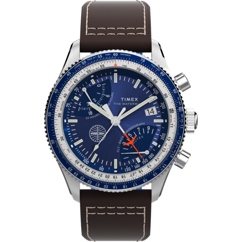 Timex Waterbury Fly Back Chronograph x Pan Am Brown Leather Watch TW2W97200
