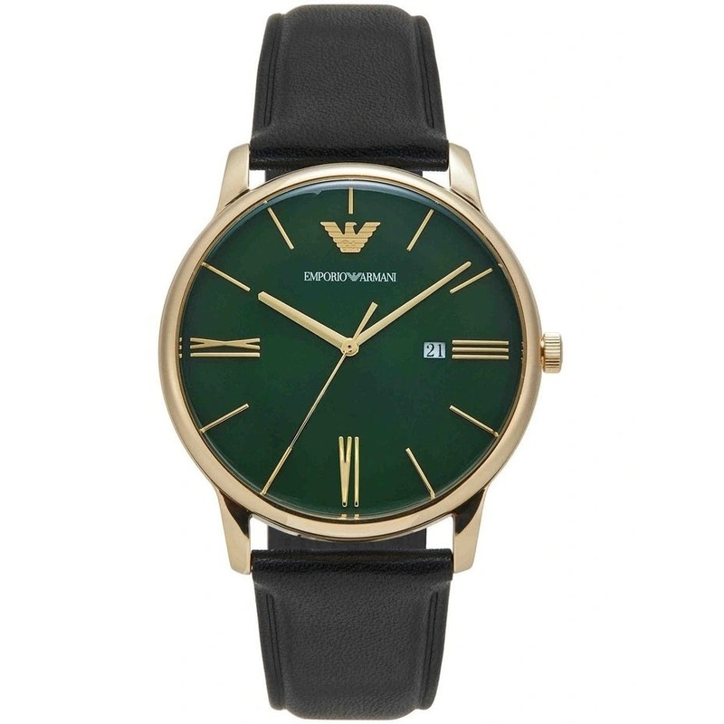Emporio Armani Green Dial Black Leather Men's Watch AR11601