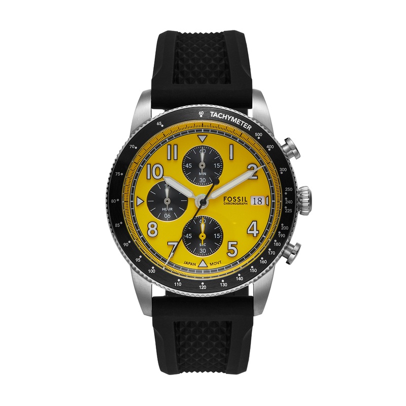 Fossil Sport Tourer Chronograph Yellow Dial Black Band Mens Watch FS6044