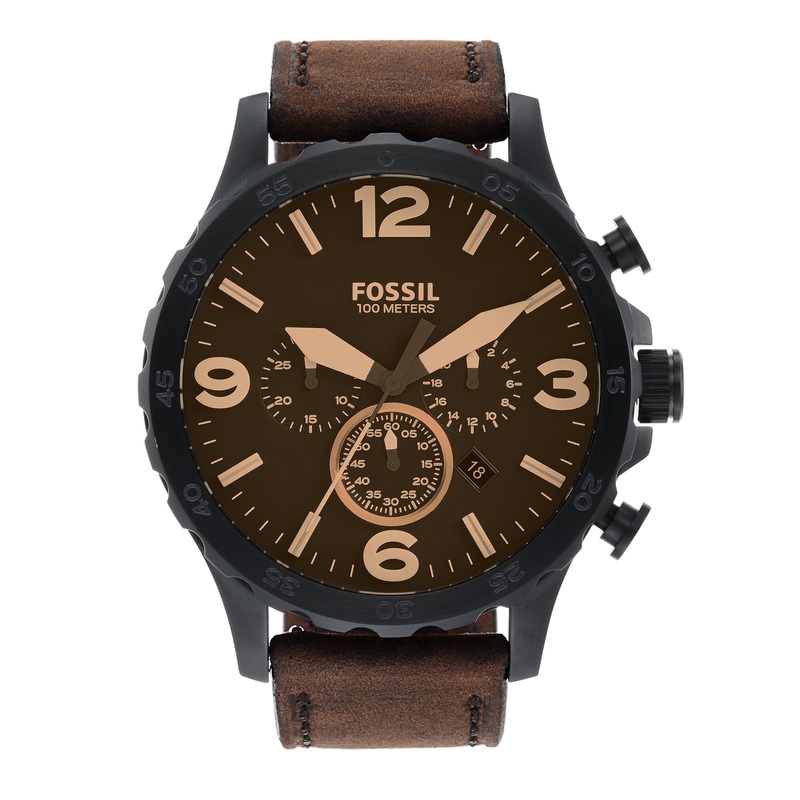 Fossil Timeless Fossil Nate Chronograph Watch with Brown Leather Strap
