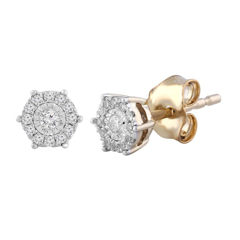 Cluster Stud Earrings With 0.1Ct Diamond In 9K Yellow Gold