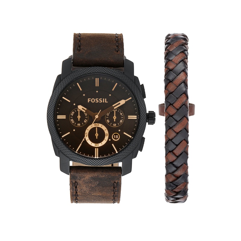 Fossil Modern Machine Chronograph Watch and Braided Leather Bracelet Set FS5251SET