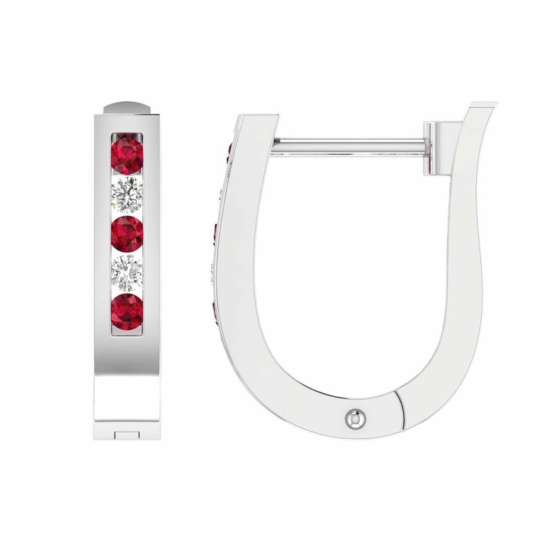 Ruby Diamond Huggie Earrings With 0.15ct Diamonds In 9K White Gold