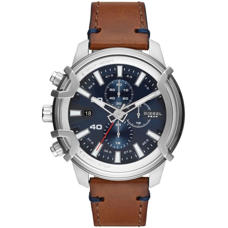 Diesel Griffed Blue Dial Chronograph Brown Leather Watch DZ4518