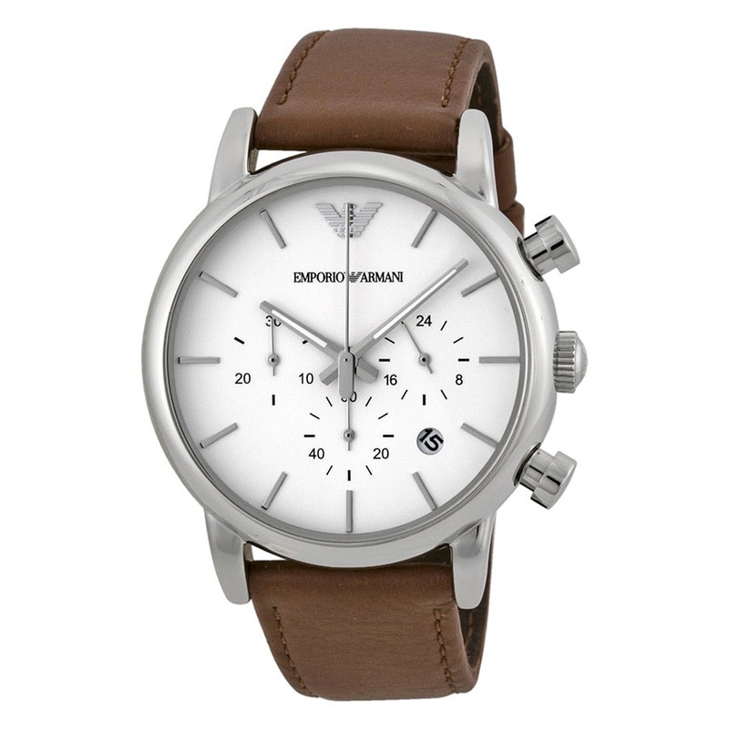 Armani Emporio Men's White Dial Brown Leather Chronograph Watch SKU456