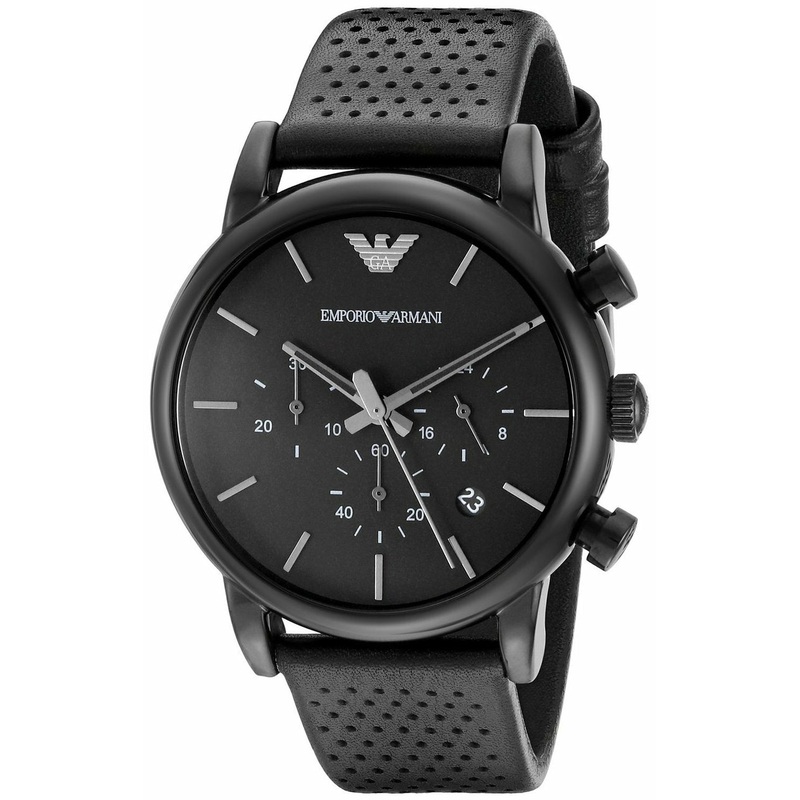 Emporio Armani Leather Strap Black Chronograph Watch for Men SKU EA1040