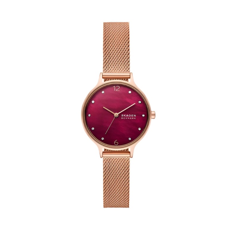 Skagen Anita Rose Gold Mesh Watch with Red Dial for Women SKW3150