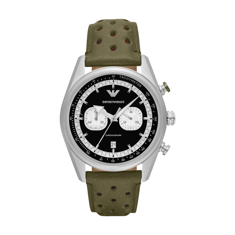 Armani Chronograph Green Leather Black Dial Watch AR11709