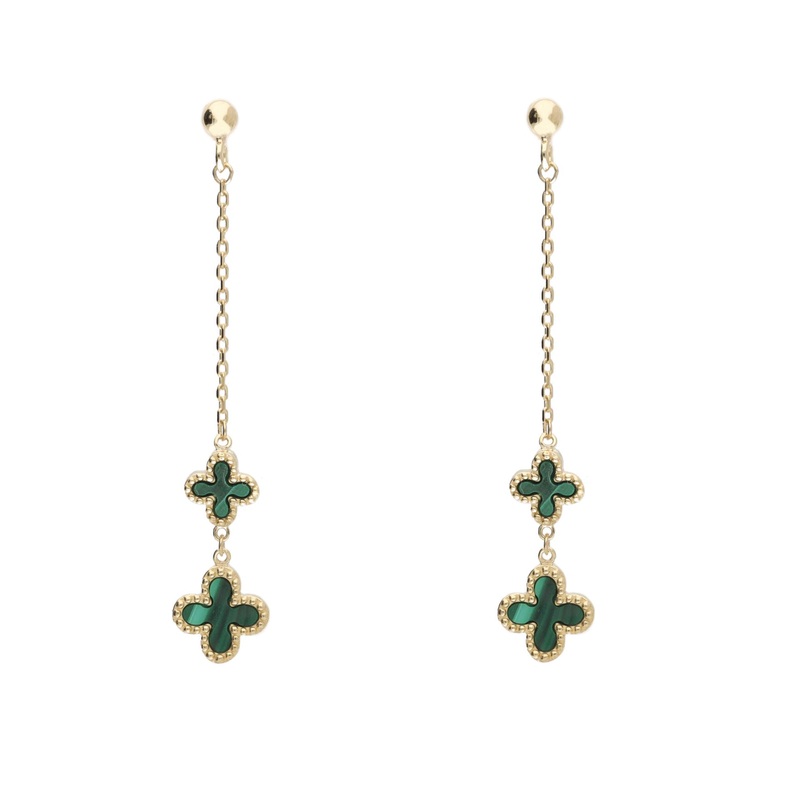 Malachite 9ct Yellow Gold Clover Chain Drop Earrings