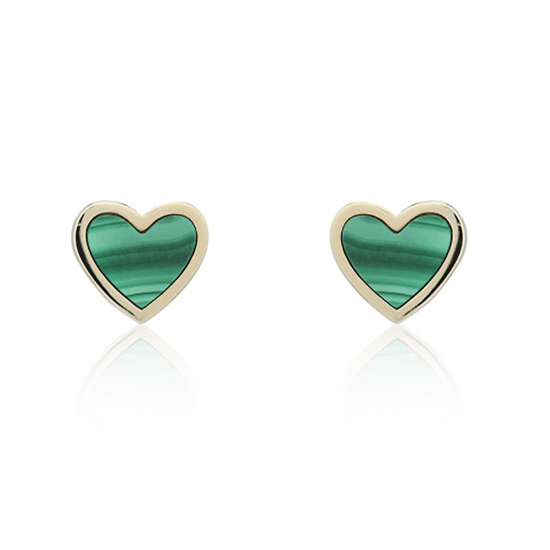 Malachite 9ct Yellow Gold Heart Stud Earrings
