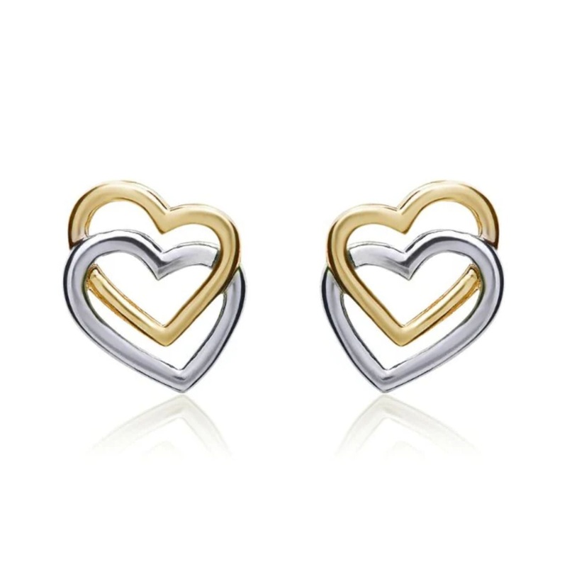 9ct Yellow and White Gold Double Heart Stud Earrings