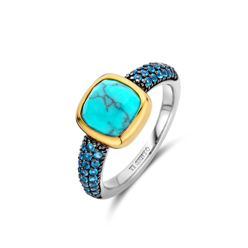 Ti Sento Yellow Gold Plated Turquoise Blue Crystal and Cubic Zirconia Ring 12331TQ (54)