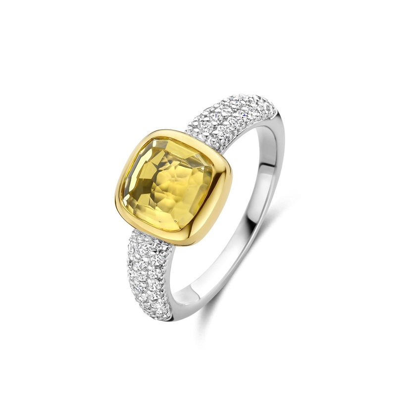 Ti Sento Yellow Gold Plated Yellow Crystal and Cubic Zirconia Cushion Solitaire Ring 12331DY (52)