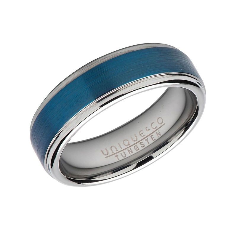 Unique Blue Tungsten Carbide Satin Finish Ring 7mm
