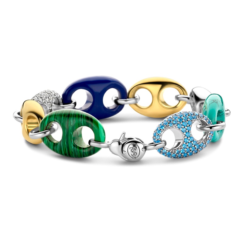 Ti Sento Malachite Green Lapis Blue Turquoise and Blue Cubic Zirconia Coffee Bean Link Bracelet