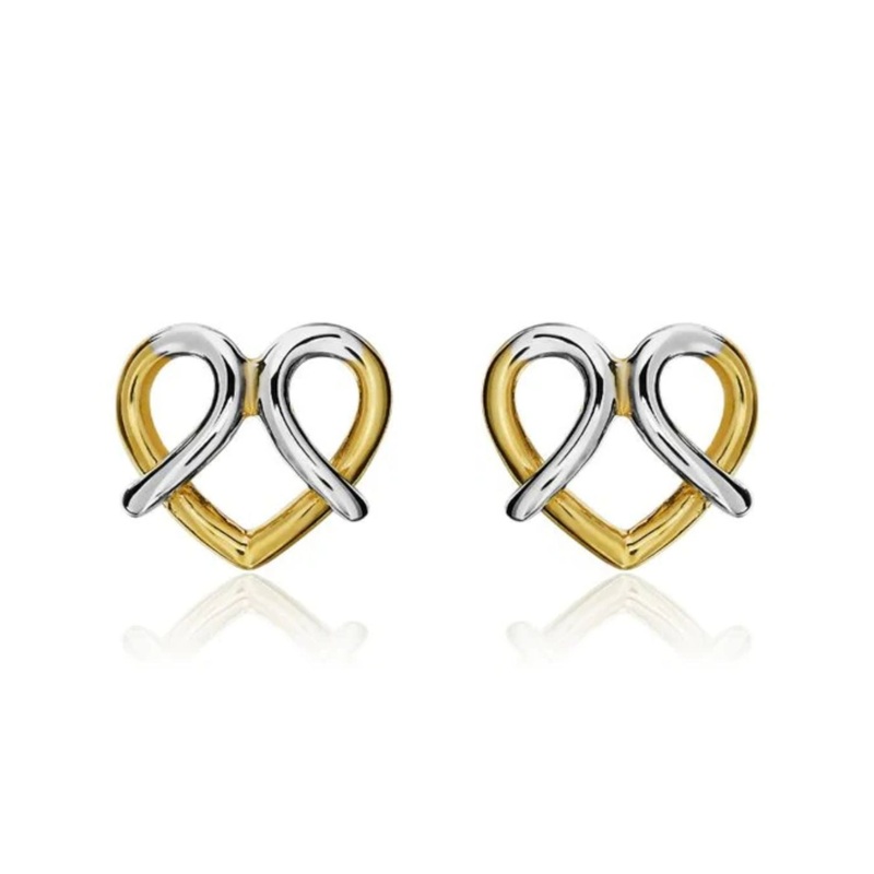 Two Colour Heart Crossover 9ct Gold Stud Earrings