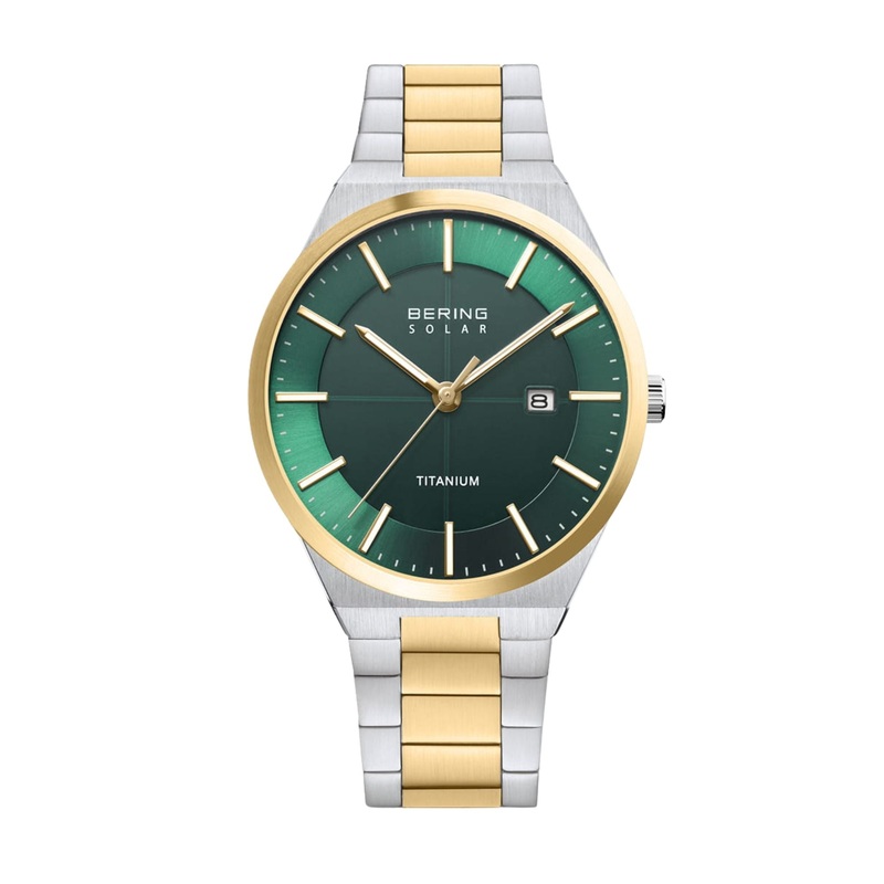 Bering Polished Titainum Green Yellow Gold Plated Solar Watch 14439-718