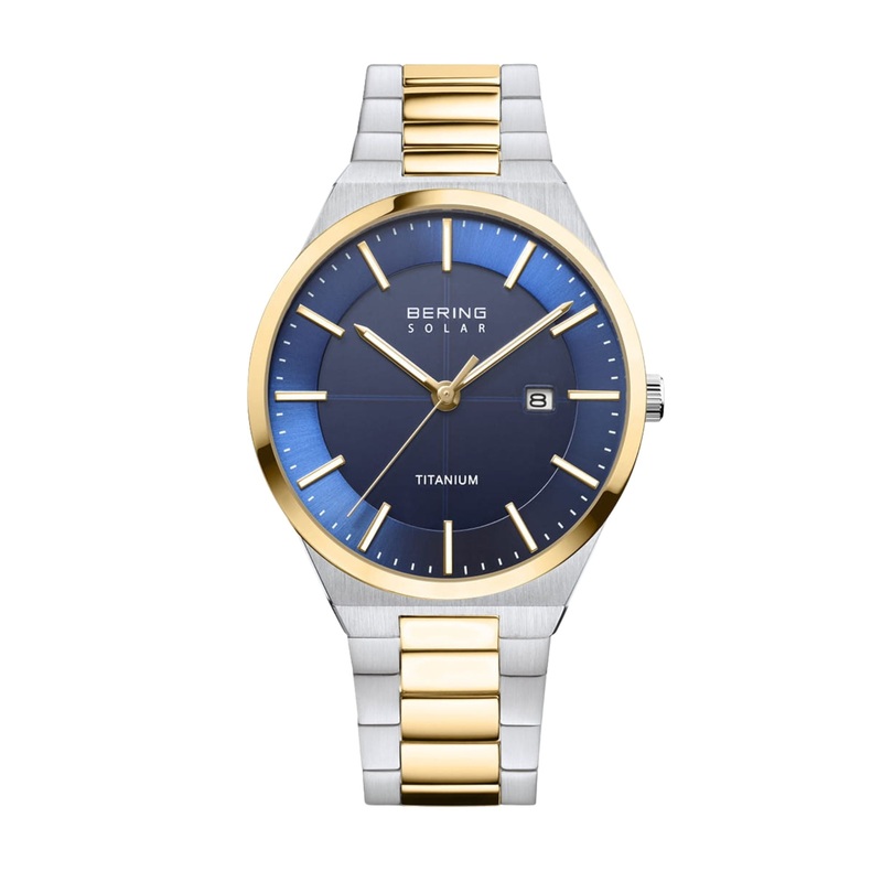 Bering Polished Titanium Blue Yellow Gold Plated Solar Watch 14439-717