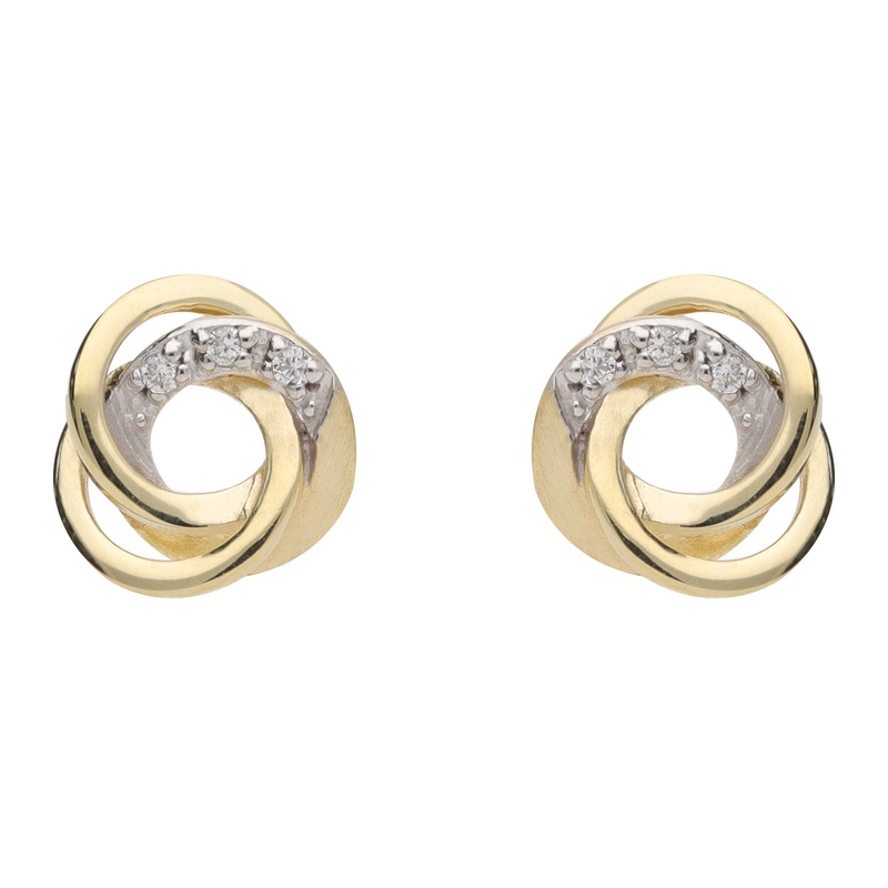 Satin and Polished Diamond Looped 9ct Yellow Gold Stud Earrings