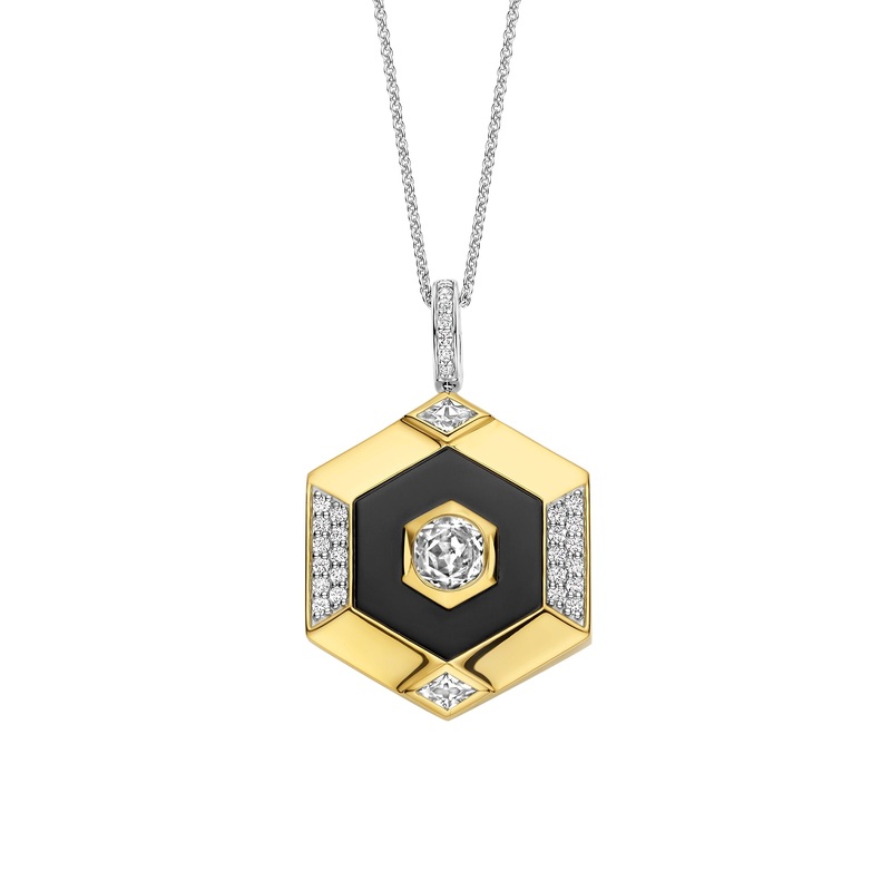 Ti Sento Yellow Gold Plated Onyx Black and Cubic Zirconia Hexagonal Pendant 6838BL