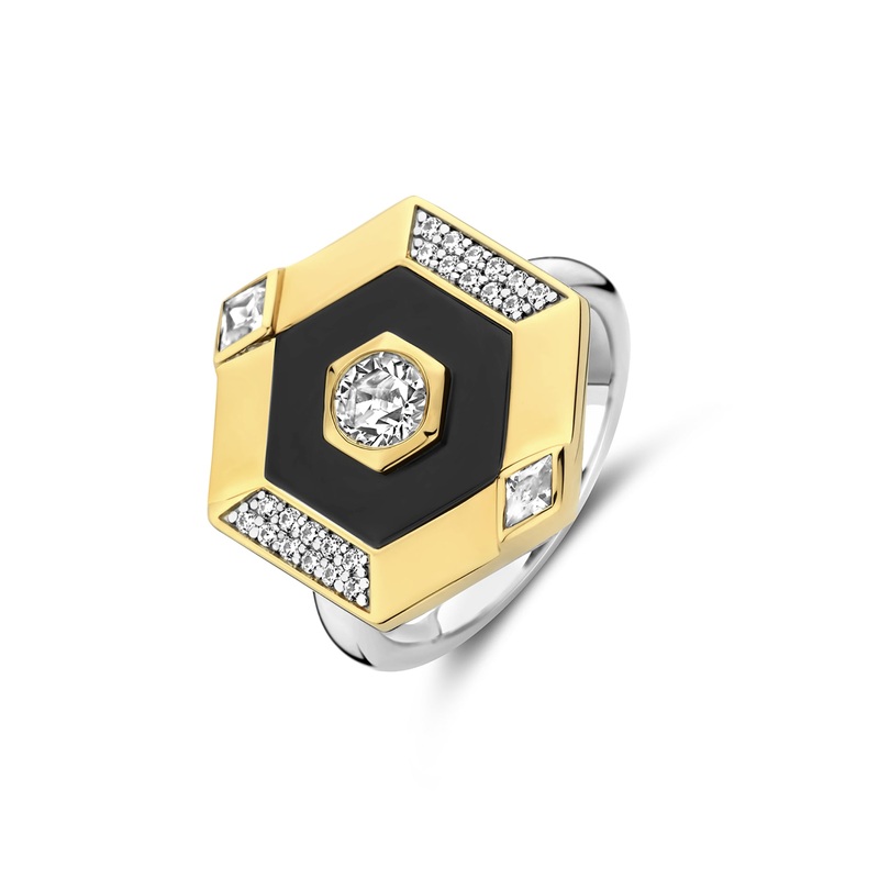 Ti Sento Yellow Gold Plated Onyx Black and Cubic Zirconia Hexagonal Ring 12356BL (56)