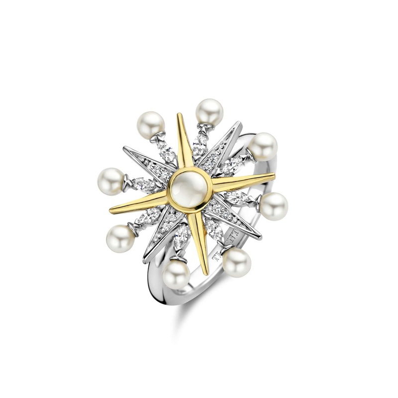 Ti Sento Yellow Gold Plated Synthetic Pearl and Cubic Zirconia Star Ring 12301YP (54)