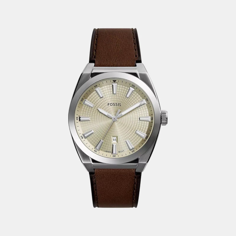 Men Quartz Date Cream Dial Analog Leather Watch FS6071