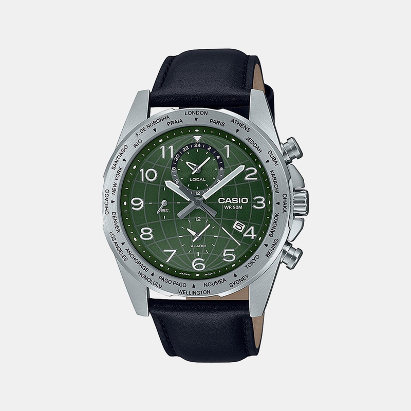 Men's Green Chronograph Leather Watch A2151 - MTP-W500L-3AVDF