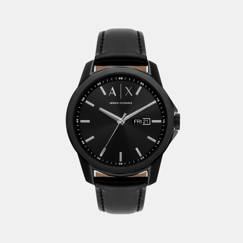 Men's Black Analog Leather Watch AX7147SET