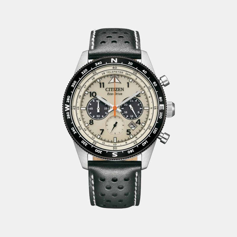 Eco-Drive Men Cream Dial Chronograph Leather Watch CA4559-13A