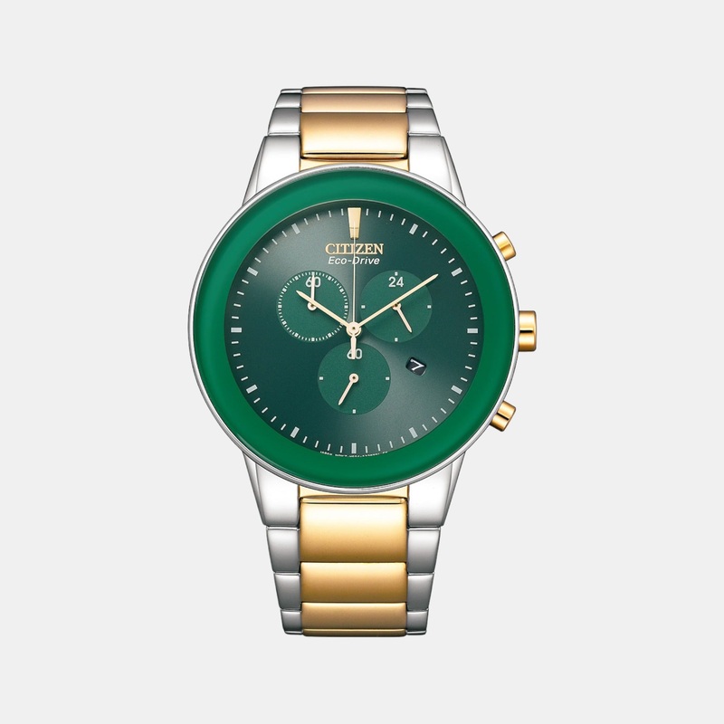 Eco-Drive Men Green Dial Chronograph Stainless Steel Watch AT2244-84X