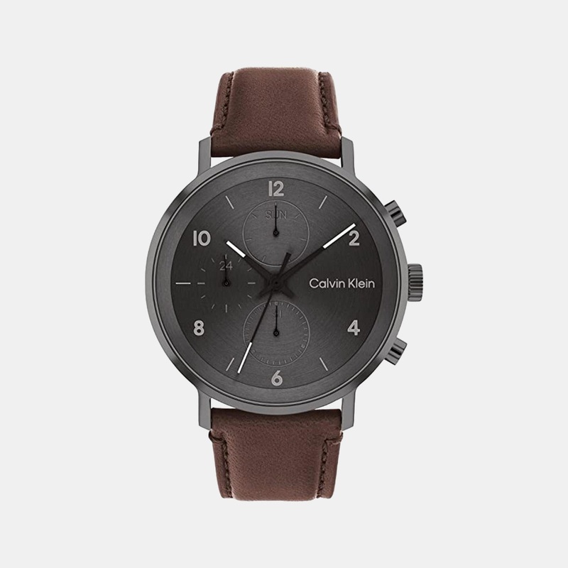 Men Grey Leather Chronograph Watch 25200110