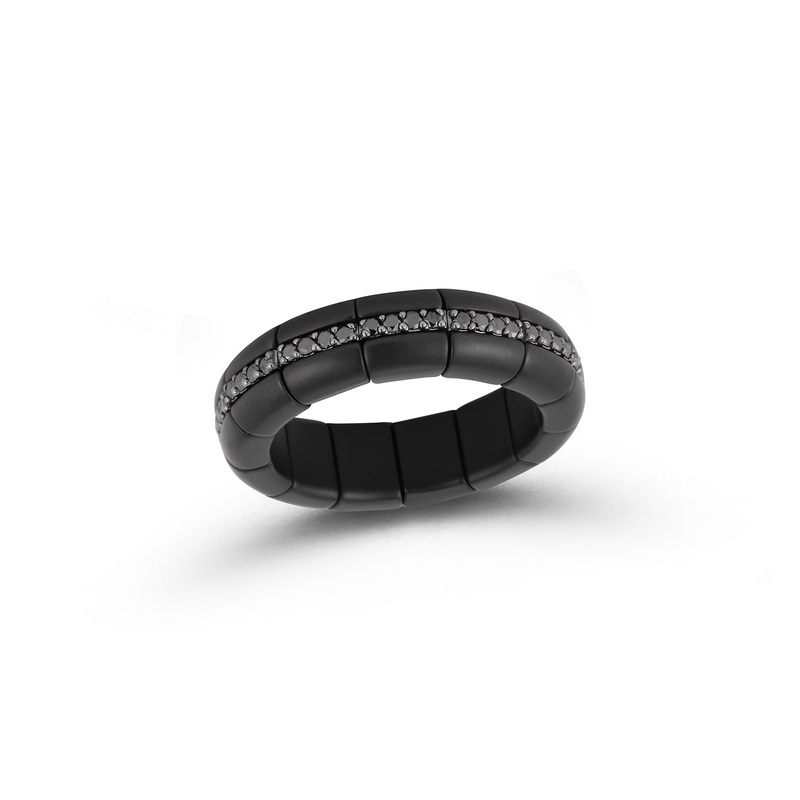 0.19ct Black Diamond Matte 5 Section Stretch Ring in Ceramic and 18K White Gold, Size 10