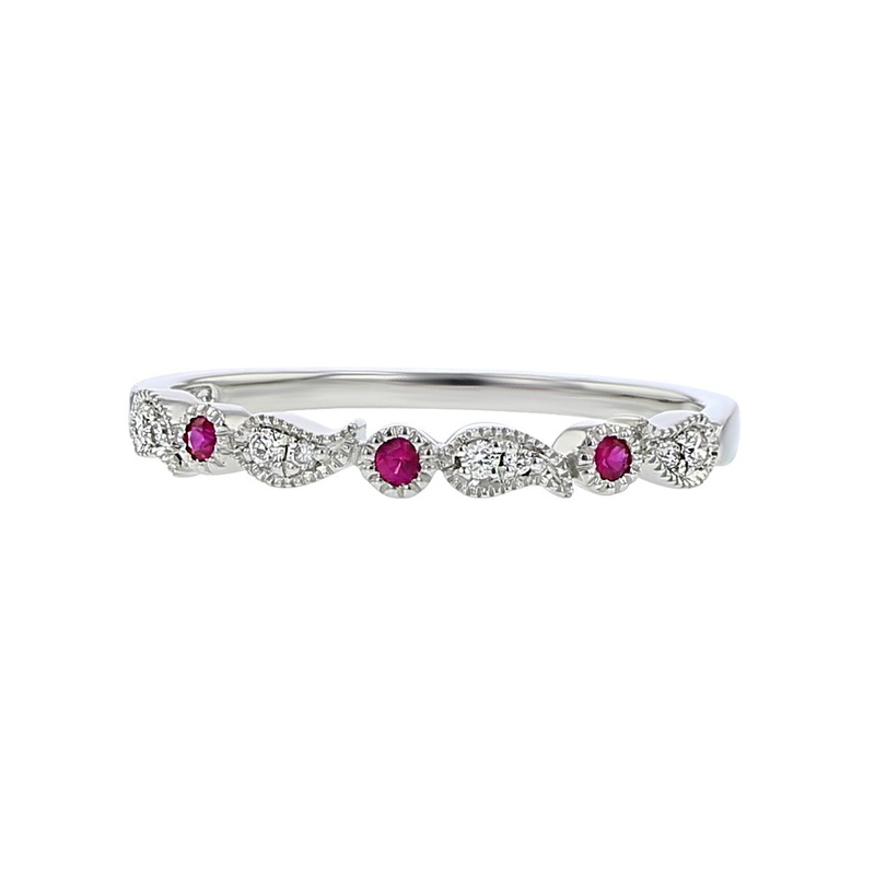 14K White Gold Diamond and Ruby Stackable Band