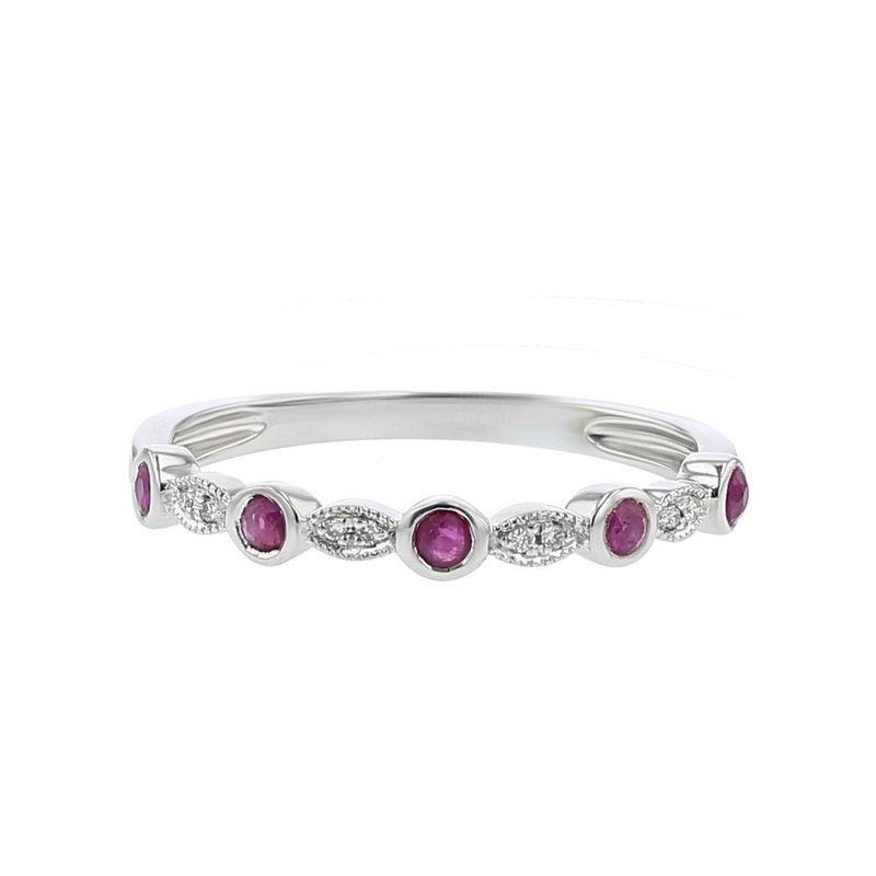 14K White Gold Ruby and Diamond Stackable Band