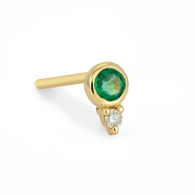 Round Emerald and Diamond Single Stud Earring