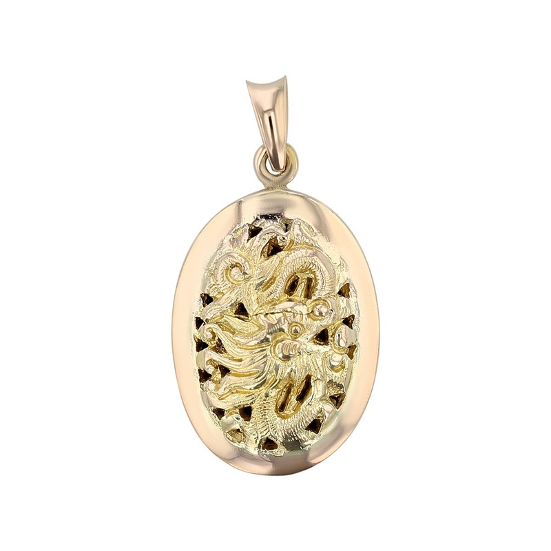 14K Yellow Gold Oval Dragon Pendant