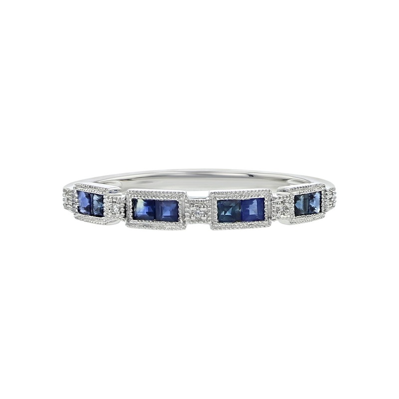 0.42ct Blue Sapphire and 0.012ct Diamond Edge Band in 14K White Gold, size 6.5