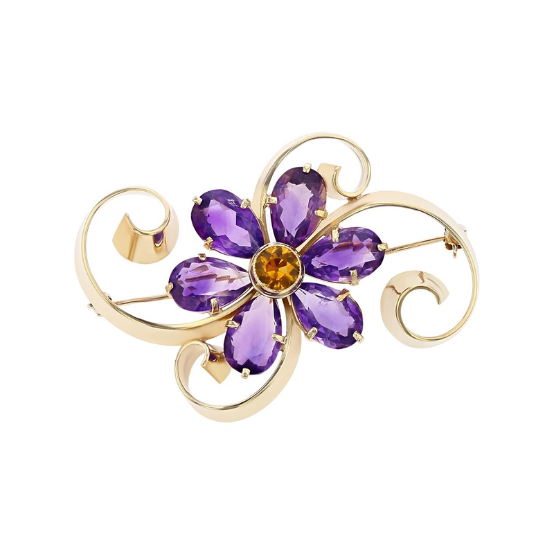 14K Yellow Gold Amethyst and Citrine Flower Pin