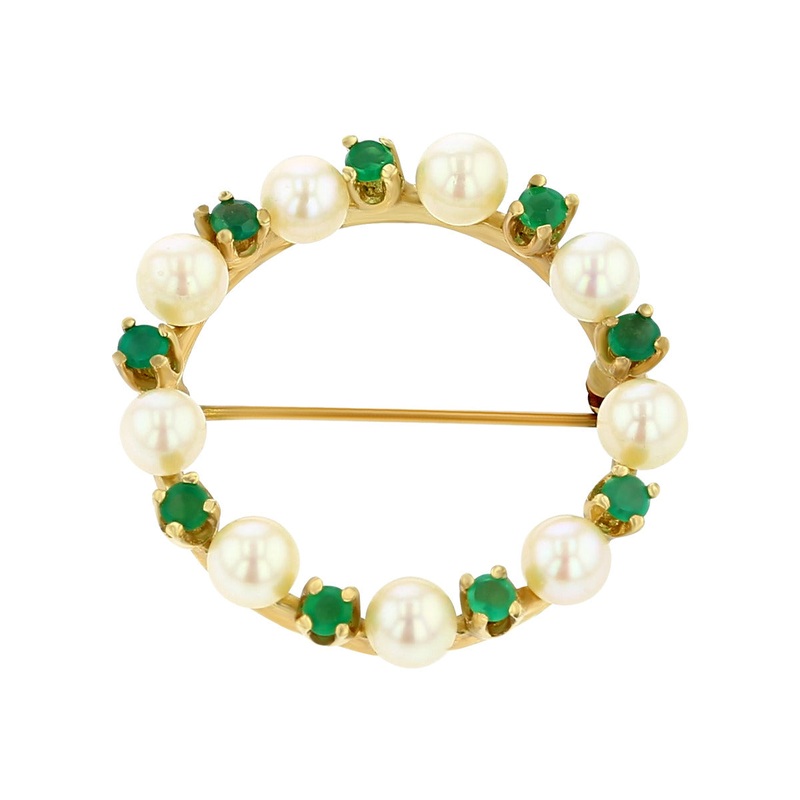 14K Yellow Gold Emerald and Pearl Circle Pin